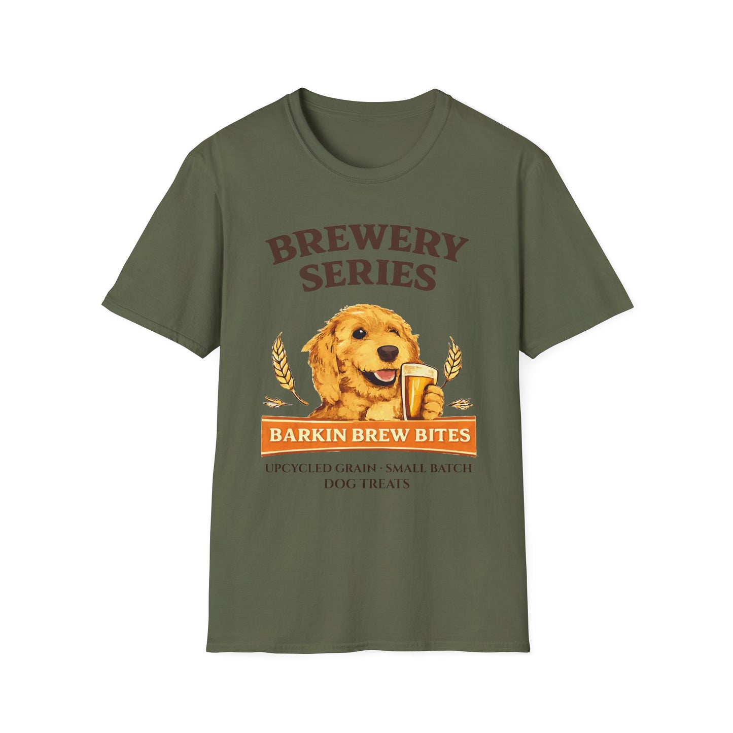 Brewery Series "Barkin Brew Bites" Dog T-Shirt — Cute Golden Retriever Beer Logo Tee