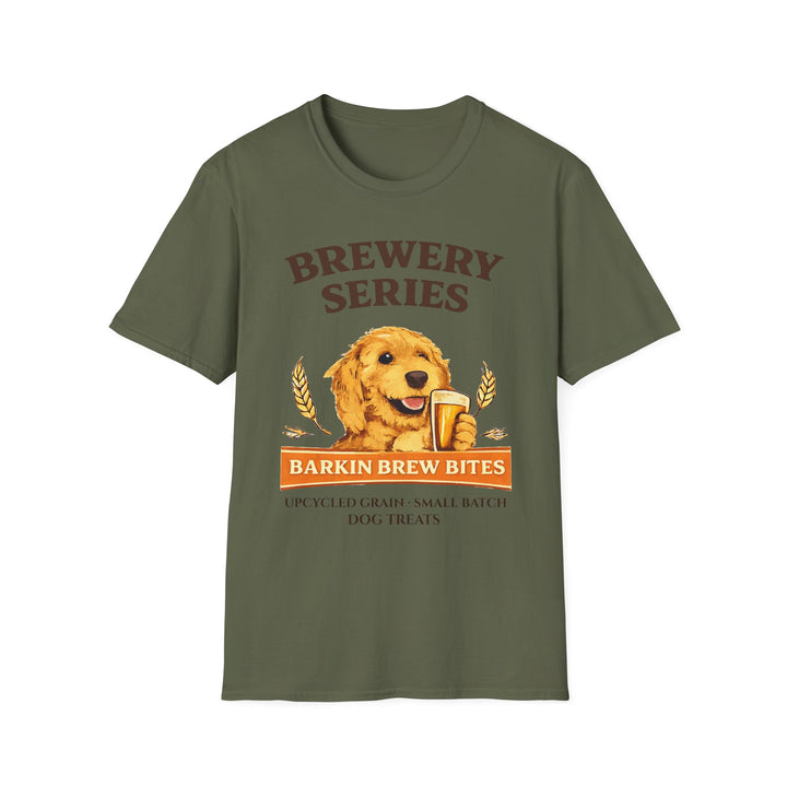 Brewery Series "Barkin Brew Bites" Dog T-Shirt — Cute Golden Retriever Beer Logo Tee